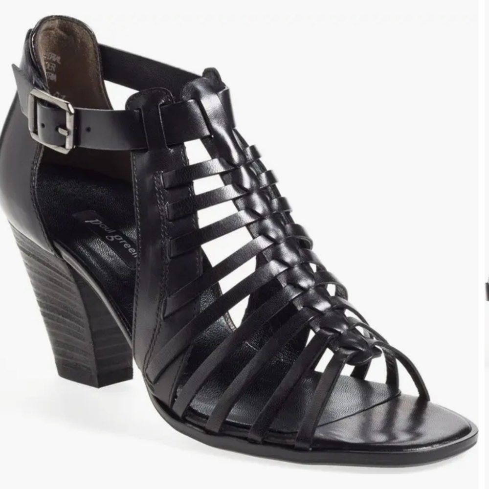 PAUL GREEN CHRISTY BLACK LEATHER STRAPPY BUCKLE CUBAN HEEL